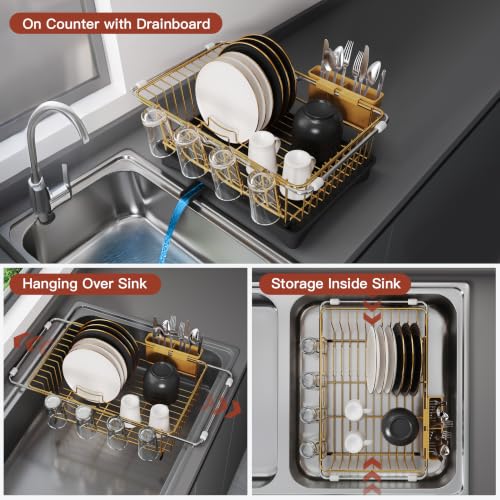 Gold Dish Drying Rack in Sink with Drainboard and Utensil Holder (Gold / For 12"-30"w Sink, with Drainboard)