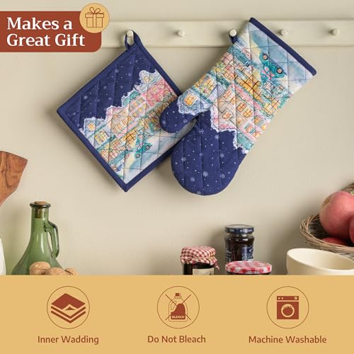 100% Cotton Oven Mitt & Pot Holder Set (123 - Christmas Market - Blue / 7.5" x 13" & 8" x 8" (Oven Mitt & Pot Holder))