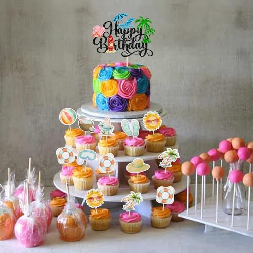 37Pcs Summer Beach Pool Cupcake Toppers Glitter Beach Happy Birthday Cake Topper Ball Sun Umbrella Water Gun Cupcake Picks for Tropical Hawaii Theme Birthday Party Decorations Supplies Black (Black 3)