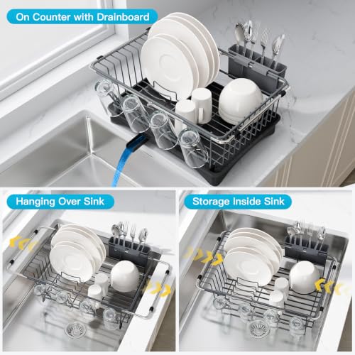Gray Dish Drying Rack in Sink with Drainboard and Utensil Holder (Dark Gray / For 12"-30"w Sink, with Drainboard)