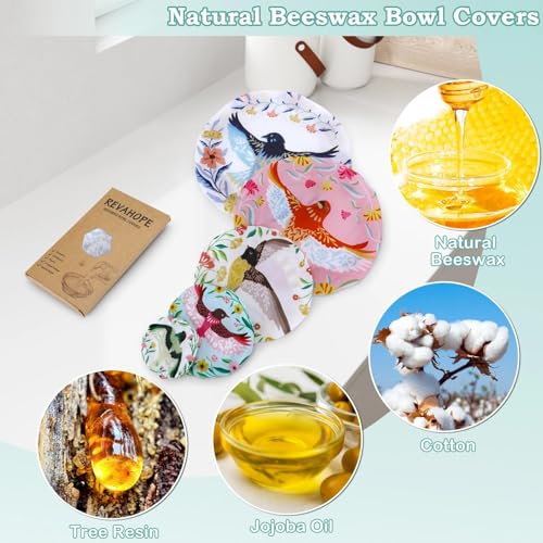 5Pcs Reusable Beeswax Elastic Bowl Covers for Bread Proofing and Food Cover (Floral Bird)