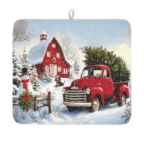 Red Truck Dish Drying Mat Winter Xmas Tree Drainer Rack Pad 16"x18" Microfiber Absorbent Quick Dry Dish Sink Mat for Table Kitchen Counter (Red Truck Snowman / 16x18 inch)