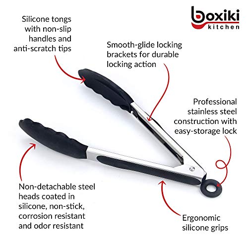 Kitchen Tongs for Cooking with Silicone Tips by Boxiki Kitchen (Black Silicon)