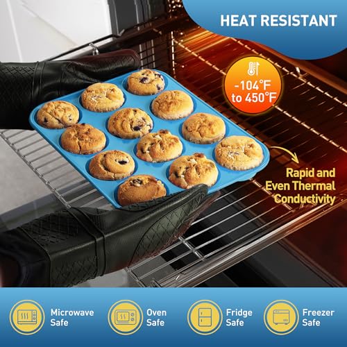 2 Pack 12 Cups Silicone Muffin Pan with Metal Reinforced Frame Regular Size Silicone Molds Cupcake Cake Baking Pans Cookie Baking Chocoflan Cupcake Mold Muffin Tin Tart Pans Necessities Cookware (2pc: 12-Cup Regular / Blue)