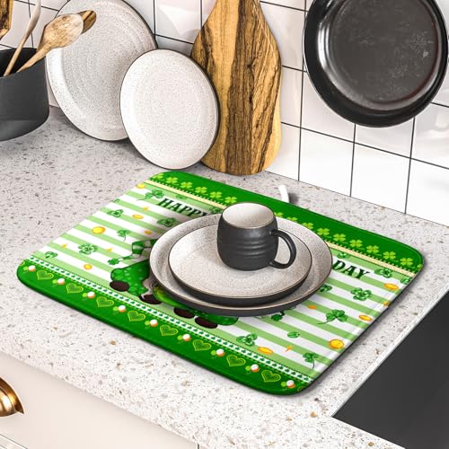 Shamrock Gnome Dish Drying Mat Coin Clover Dishes Fast Dry Mat 16x18 inch Absorbent Microfiber Dishware Drainer Pad for Kitchen Counter Sink (Shamrock Gnome Coin / 16" x 18")