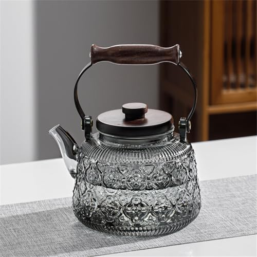 Stovetop Safe Glass Teapot with Malus Spectabilis Pattern Removable Infuser Fine Borosilicate Tea Pot perfect for Fruit Flowering Tea Canister Premium Quality Tea Kettle Gift (Gray / 1000ml)