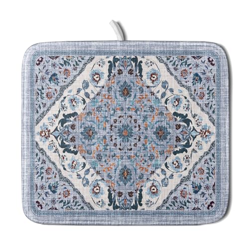 Boho Flower Dish Drying Mat Blue Bohemian Dishes Drainer Rack Mat 16x18 Inch Microfiber Kitchen Drying Pad for Countertop Tableware Decor (Blue Bohemian / 16" x 18")