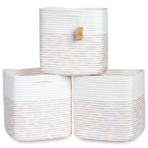 13 Inch Cube Storage Bins Cotton Rope Woven Baskets for Organizing 3 (Off White & Rainbow Stitching / 13 x 13 x 13 (Standard))
