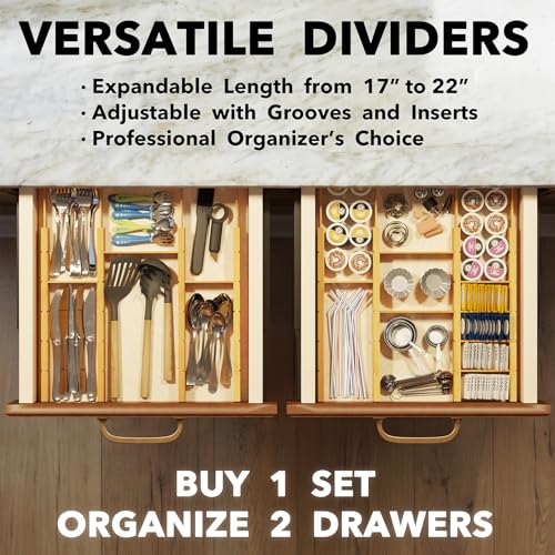Bamboo Drawer Dividers with Inserts and Labels (2.35''H, 17''-22''L, 10 Dividers / NATURAL)