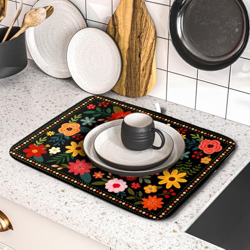Boho Floral Dish Drying Mat 16x18 Inch Colorful Flower Dishes Dry Mats Absorbent Washable Drainer Rack Pad Protective Kitchen Counter Decor (Black Boho Floral / 16" x 16")