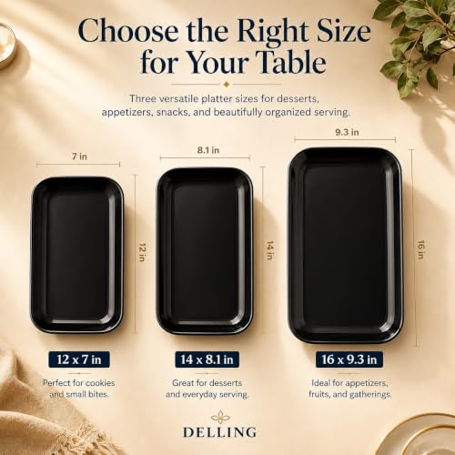 Large Serving Platter Set of 3 (Black / 16 x 9.5 inch, 14 x 8.1 inch, 12 x 7.1 inch)