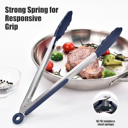 Kitchen Tongs with Silicone Tips for Cooking Serving (12in / Navy Blue)