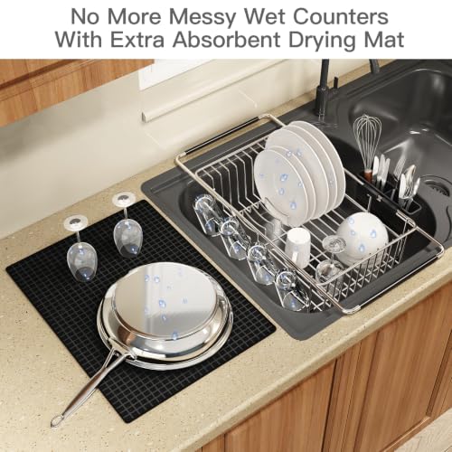 Expandable Dish Drying Rack Over Sink with Extra Drying Mat (Silver / For 11.5"-16" W Sink with Cup Holder & Mat)