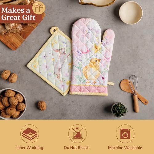 100% Cotton Oven Mitt & Pot Holder Set (095 - Easter Zest / 7.5" x 13" & 8" x 8" (Oven Mitt & Pot Holder))