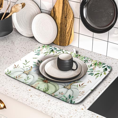 Fall Blue Pumpkin Dish Drying Mat Autumn Harvest Dishes Pad 16"x18" Microfiber Quick Dry Dish Drainer Rack Mats Kitchen Counter Accessories (Blue Pumpkin Leaf / 16x18 inch)