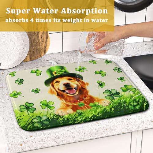 St Patrick's Day Dog Dish Drying Mat 16x18 inch Green Shamrock Dishes Pad Absorbent Microfiber Dish Drainer Mat for Kitchen Counter Coffee (Shamrock Dog / 16" x 18")