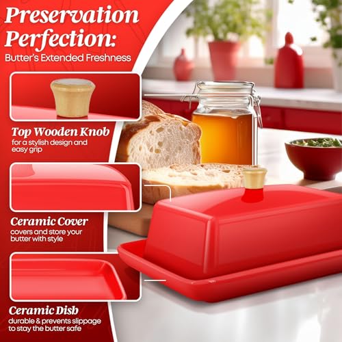 Large Ceramic Butter Dish with Lid for Countertop (Red / Large)