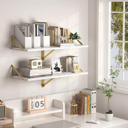 16W x 12D Deep Floating Shelves Set of 2 White & Gold (White With Golden Bracket / 16wx12dx5.8h)
