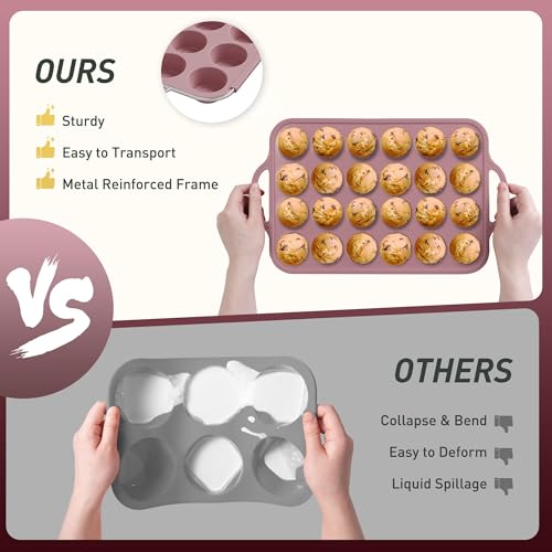 2 Packs 24 Cups Silicone Muffin Pan with Metal Reinforced Frame Mini Size Cupcake Pan Tray Egg Bites Silicone Circle Cookie Molds Muffin Tin Tart Pans Baking Sheet Set for Breakfast Sandwiches (Mini / Morandi Pink)