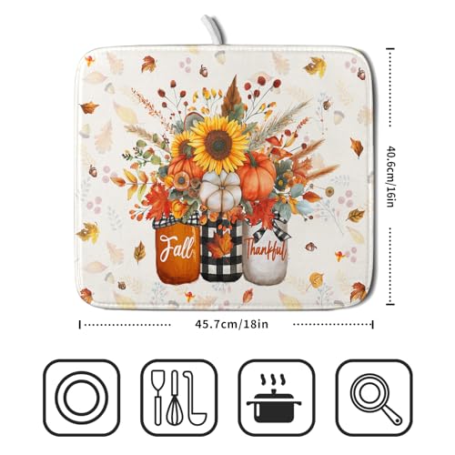 Autumn Pumpkin Dish Drying Mat 16x18 Inch Sunflower Flower Vase Washable Draining Mat with Hanging Loop Seasonal Holiday Home Decoration (Pumpkin Vase / 16" x 18")