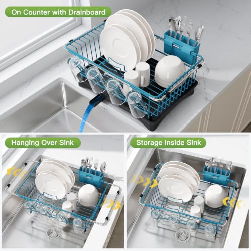 Blue Dish Drying Rack in Sink with Drainboard and Utensil Holder (Blue / For 12"-30"w Sink, with Drainboard)