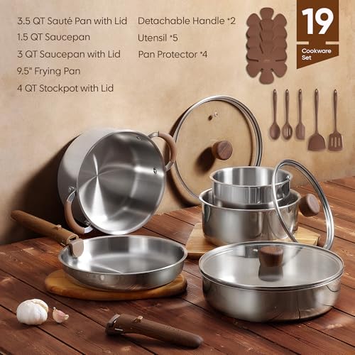 19pcs Tri Ply Stainless Steel Cookware Set with Detachable Handle (Silver / 19 pieces)
