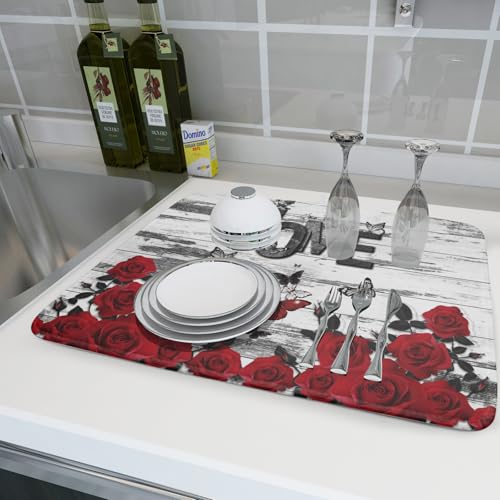 Red Rose Dish Drying Mat 18x24 inch Romantic Floral Absorbent Microfiber Sink Counter Dishware Drainer Pad for Kitchen Coffee Bar Decor (Red Rose / 18" x 24")