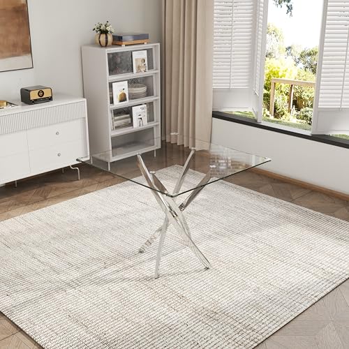 5 Piece Square Glass Dining Table Set (Square Table - 4 Silver Grey Chairs)
