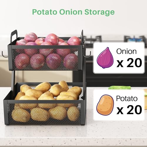 2 Tier Fruit Basket for Kitchen Counter with 2 Banana Hangers