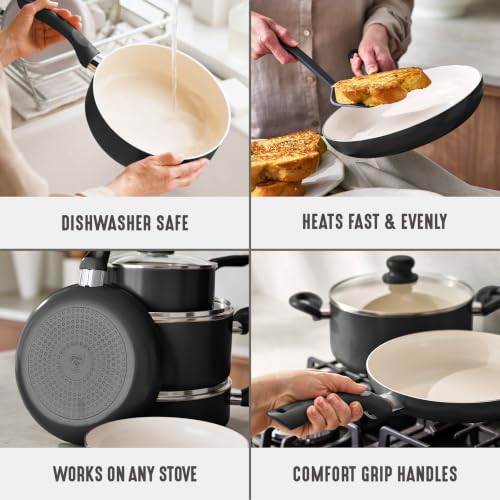 16pc Ceramic Nonstick Pots & Pans Cookware Set (16 Piece Cookware Set / Bloom / Graphite Black)