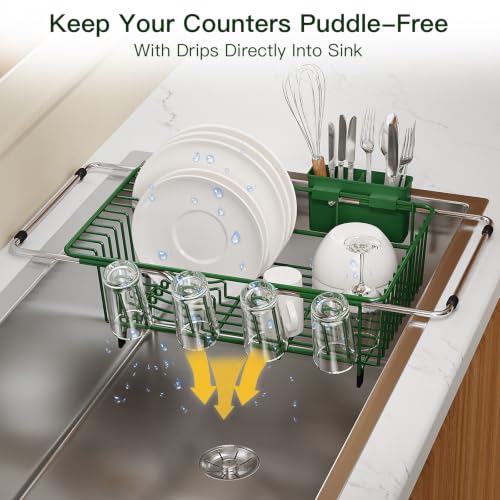 Green Expandable Dish Drying Rack Over Sink with Anti (Green / For 11.5"-16" W Sink with Cup Holder)