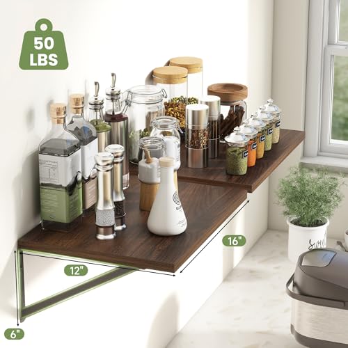 16W x 12D Deep Floating Shelves Set of 4 Natural (Walnut With Black Metal Bracket / 16Wx12Dx5.8H)