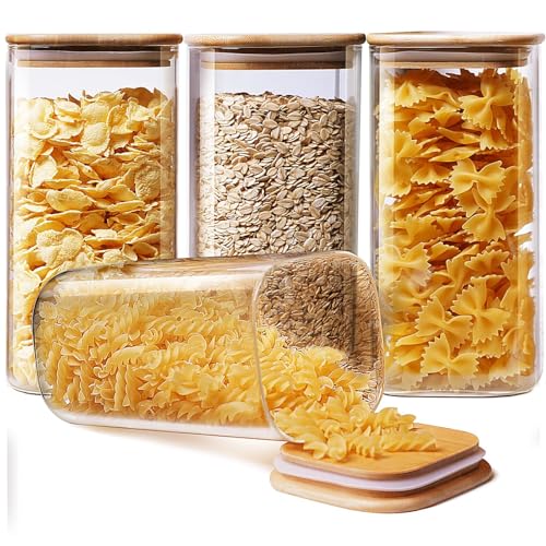 53 oz Square Glass Food Storage Containers with Airtight Bamboo Lids (4 Count)