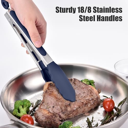 Kitchen Tongs with Silicone Tips for Cooking Serving (9in / Navy Blue)