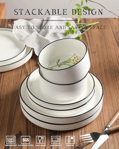 Sweejar Porcelain Dinnerware Sets for 6 (Pure White-Black Rim / Service for 6 (18pcs))