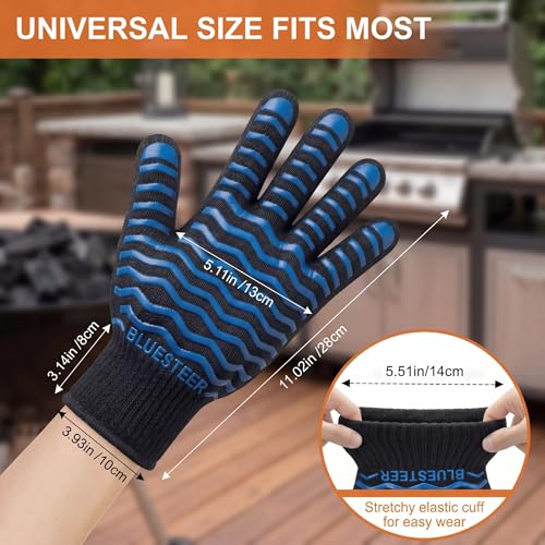 BBQ Gloves 1472°F Heat Resistant Oven Gloves with Fingers (Black-blue / One Size Fits Most)