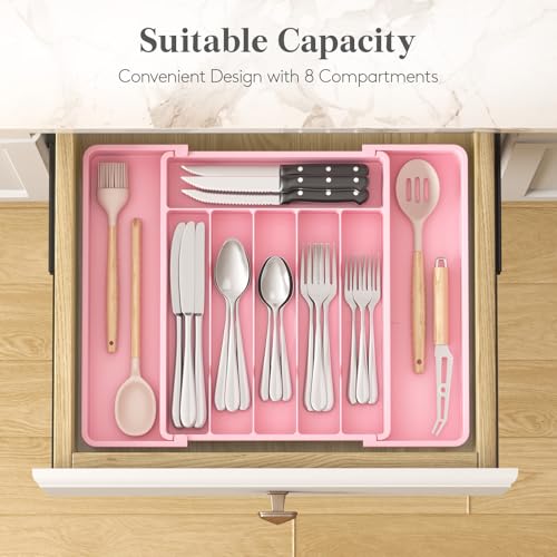 Expandable Silverware Drawer Organizer (Pink / Large (11-18''W x 14''D))