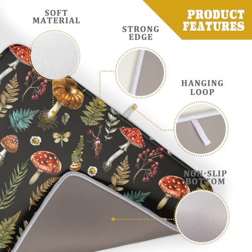 Natural Botanical Dish Drying Mat Mushroom Fern Leaves Berry Drainer Mat Black Drying Pad for Countertop 18 X 24 Inch (Mushroom - Black / 24" x 18")