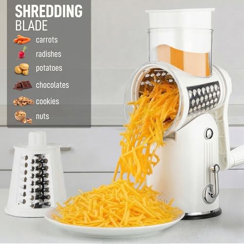 Rotary Cheese Grater Manual Hand Crank 5 Blade Shredder (5 Blades / Classic | White)