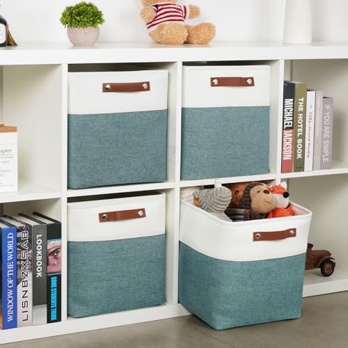 Set Of 4 Cube Storage Bins (White&Dark Green / M-12"x 12"x12")
