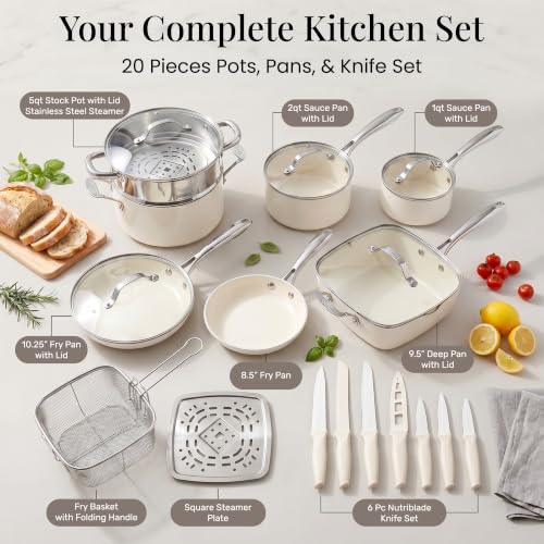 20 Pc Ceramic Cookware Set with Knives Set (Cream)