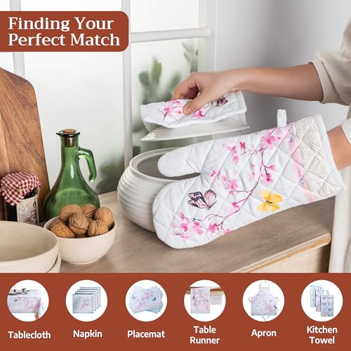 100% Cotton Oven Mitt & Pot Holder Set (050 - Blossoms in Spring / 7.5" x 13" & 8" x 8" (Oven Mitt & Pot Holder))