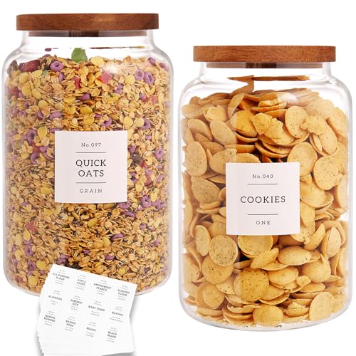 Set of 2 Large Glass Flour and Sugar Containers with 132 Pantry Labels (2 Count)