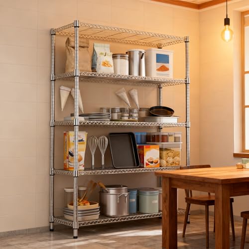 1750LBS 47.2" W 5 Tiers Shelf Steel Storage Shelves Metal Shelving Unit Steel Organizer Wire Rack for Home (5 tier, 17.7" D x 47.2" W x 72.4" H / Chrome)