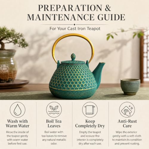 54oz Cast Iron Tea Kettle for Stovetop (54oz Dark Green Hexagon Pattern)