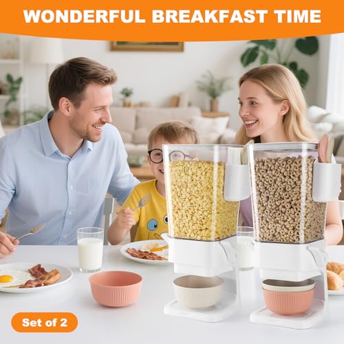 Cereal Dispenser Countertop 2 Pack with Bowls Spoons Cutlery Box (White)