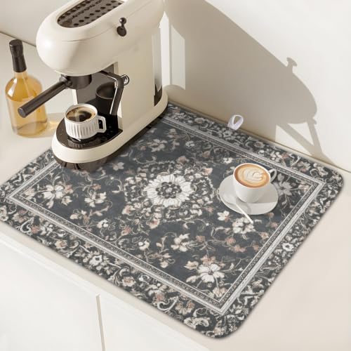 Boho Floral Dish Drying Mat Grey Leaves Dishes Drainer Pad 16x18 Inch Microfiber Absorbent Kitchen Dry Rack Mat for Counter Tableware Decor (Grey Boho Floral / 16x18 inch)