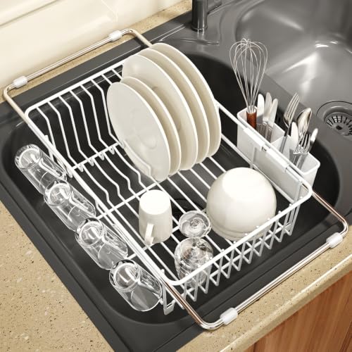 White Expandable Dish Drying Rack Over Sink with Anti (White / For 11.5"-16" W Sink with Cup Holder)