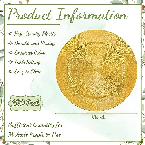 100 Pcs Glitter Gold Charger Plates Bulk (Modern Style / Gold)