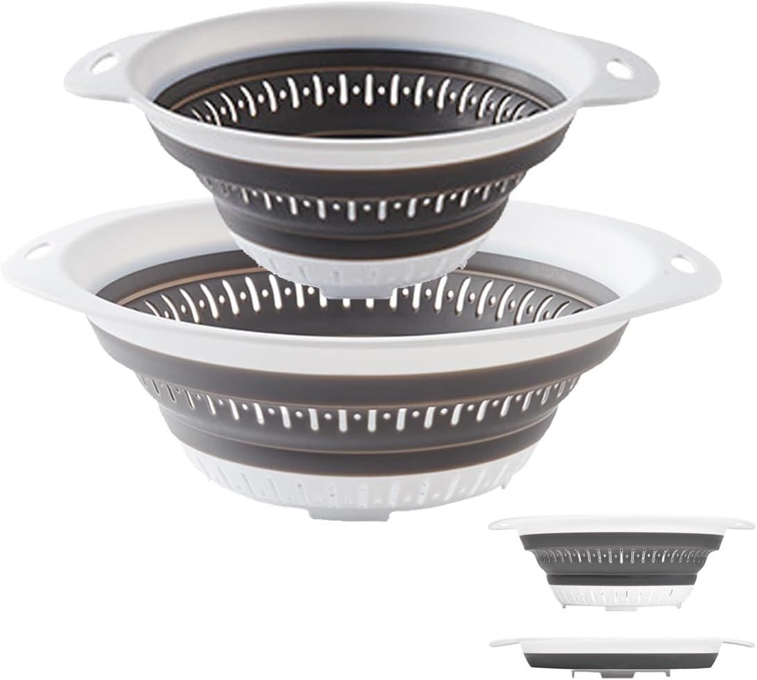 Collapsible Colander and Strainer,Silicone Strainer Colanders & Food Strainers,for Vegetable and Fruit, Kitchen Essentials (2, White, 1.3L+2.5L)
